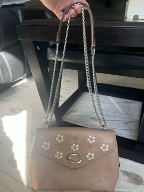 Coach Taupe Leather Shoulder Bag with Floral Studs & Silver Chain